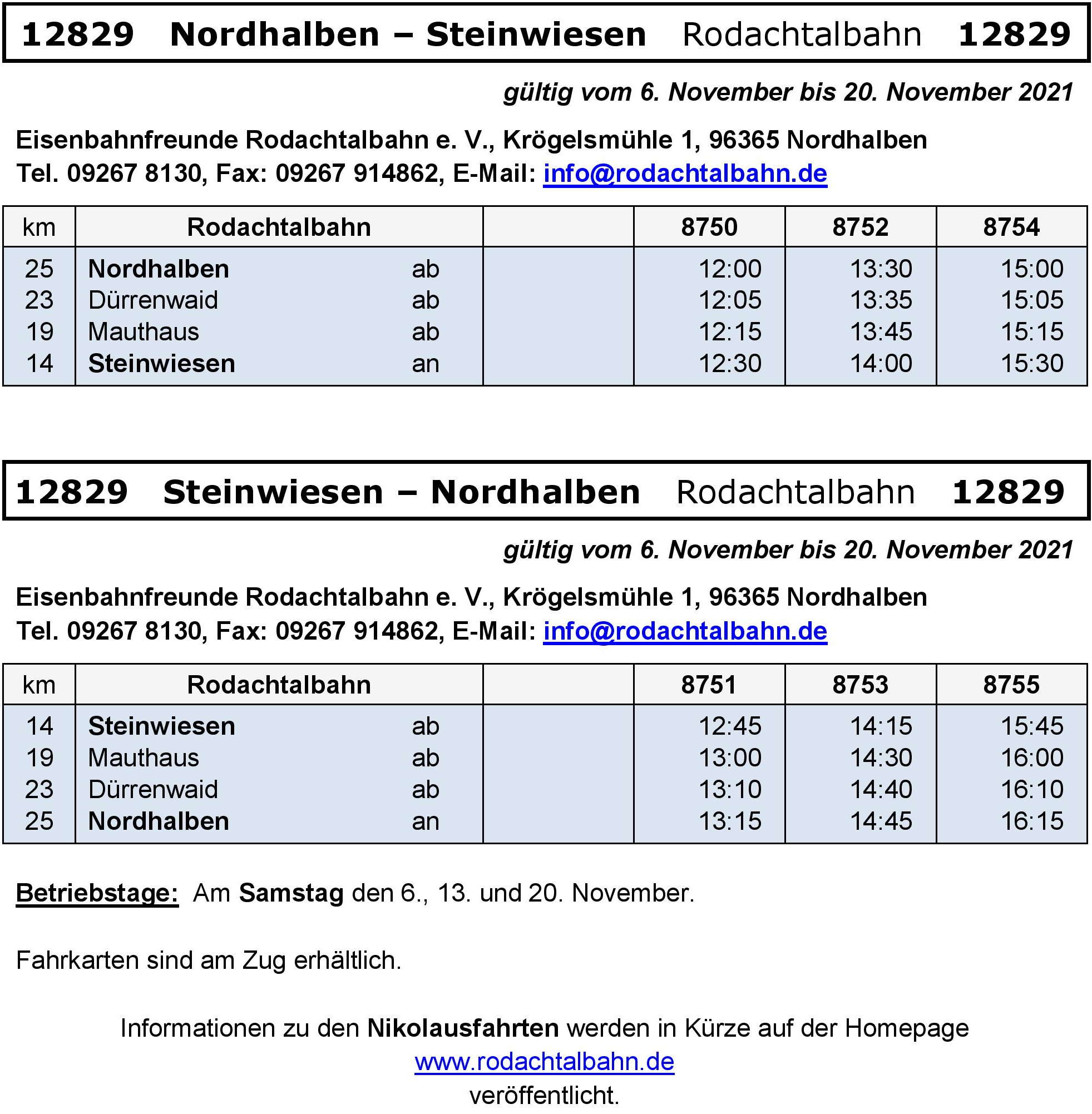 Fahrplan Rodachtalbahn November 2021